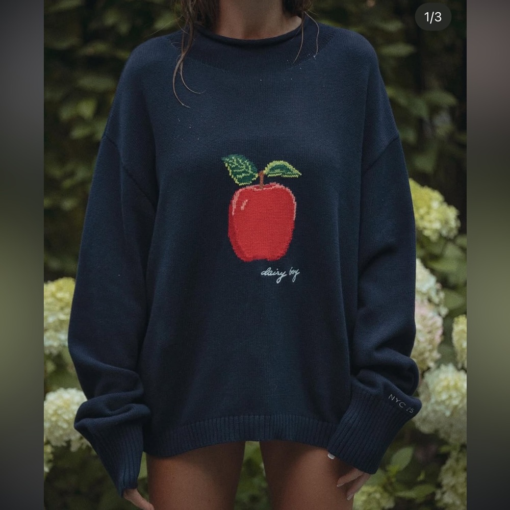 Dairy Boy NYC Pop Up Navy Blue Apple Sweater